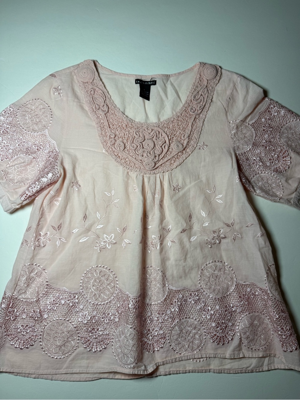Lauren Michelle Blush Pink 100% Cotton Embroidered Boho Peasant top Size Large